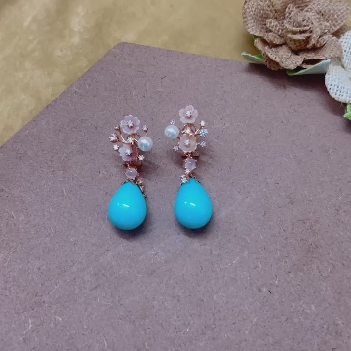 Turquoise Delight rose gold Floral Earrings